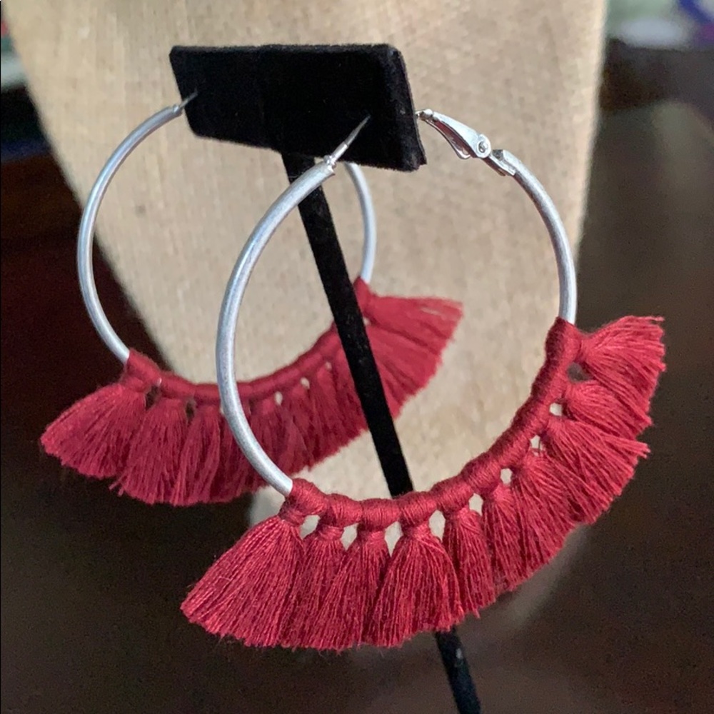 Silver and burgundy plunder hoop earrings